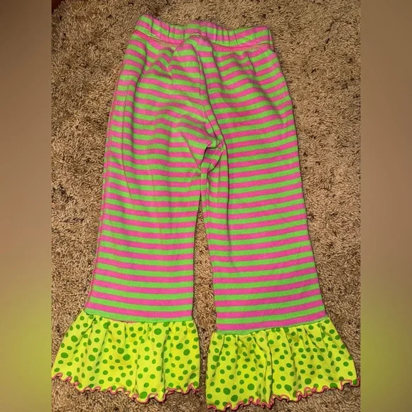 Vintage Miss Tee-V-Us Ruffle Pants Girls 5/6 Pink Green Stripe Polka Dot - Picture 2 of 4